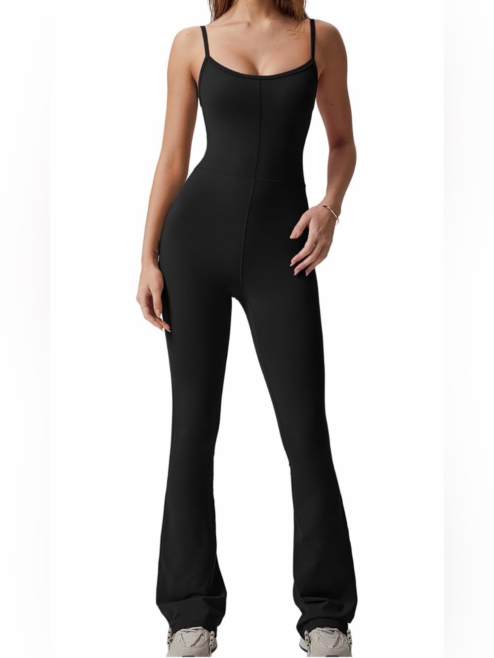 QINSEN Flare Jumpsuits for Women Spaghetti Straps Scoop Neck Bodycon Full Length